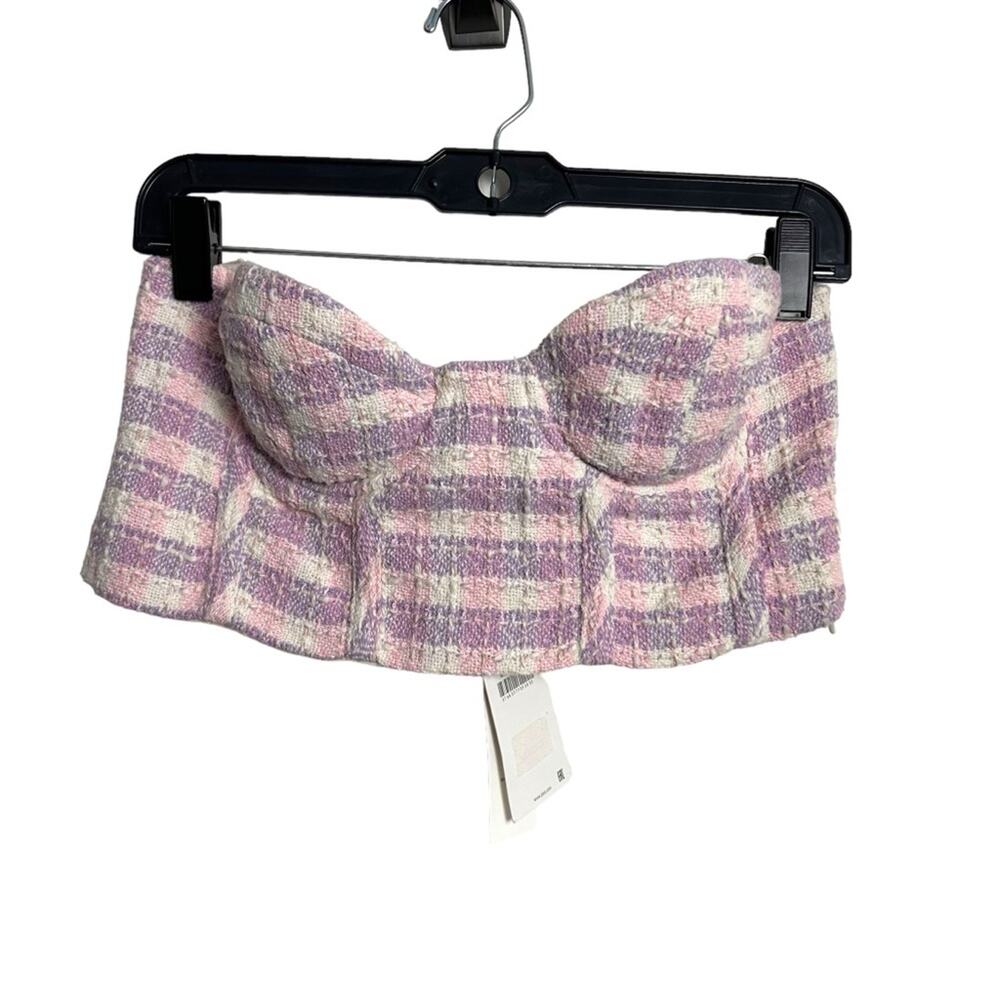 ZARA pink purple & white Tweed Crop Top Bustier M NWT - Picture 2 of 12